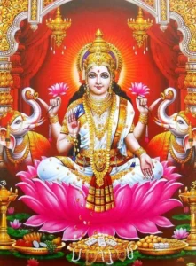 Goddess Lakshmi with lotus and gold coins